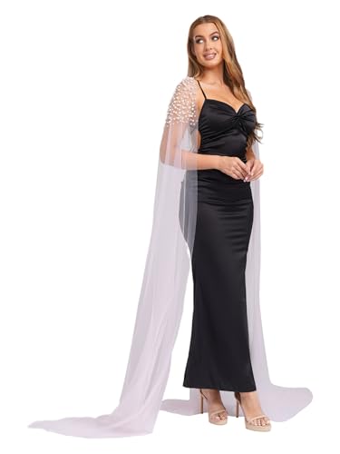renvena Womens Wedding Bridal Cape Detachable Sleeve Pearl Tulle Shawl Shoulder Capelet Veil Cloak4