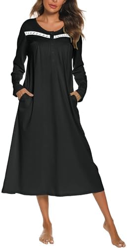 Ekouaer Long Sleeve Nightgowns for Women Long Sleepshirts Button Night Gowns Sleepwear Full Length Sleep Dress with Pockets