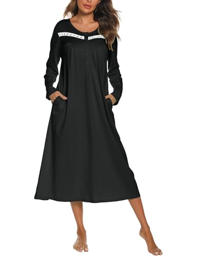 Ekouaer Long Sleeve Nightgowns for Women Long Sleepshirts Button Night Gowns Full Length Sleepwear with PocketsBlackL
