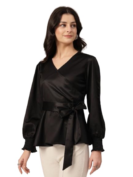Women Solid Black Satin Regular Fit Smart Casual Top