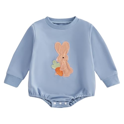 Infant Baby Boy Easter Outfit Long Sleeve Bunny Onesie Newborn Baby Boy Rabbit Print Romper Clothes (Blue, 0-3 Months)