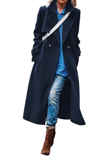 Image of Trench Coats for Women Fall Fashion Outfits 2025 Midi Length Double Breasted Coat Peacoat Warm Jacket with jeans