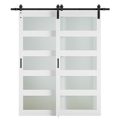 96''×84'' 5 Glass Bypass Manufactured Wood Barn Door with Installation Hardware Kit