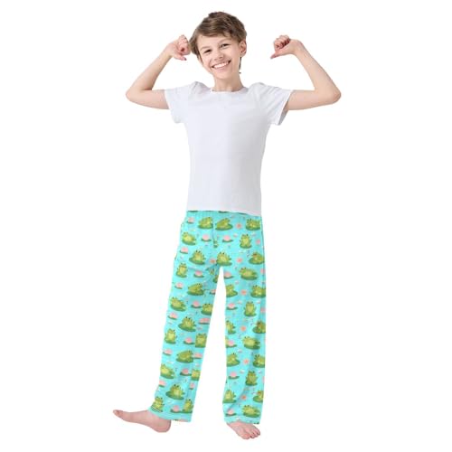 Frog Lotus Floral Boys Long Pants Soft Trousers Elastic Waist Kids Lounge Bottoms with Pockets S-XL2