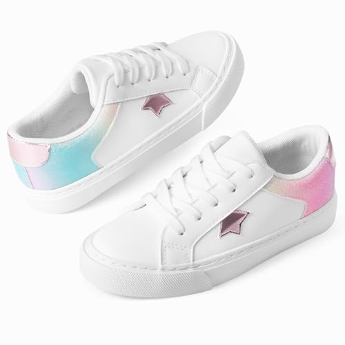 JUDIS Kids Glitter Fashion Sneakers Girls White PU Low Top Lace Up Casual Shoes4