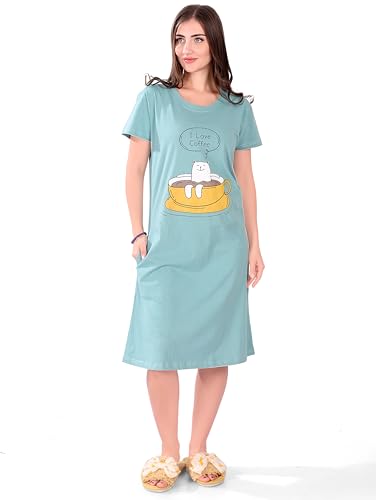 Image of Printed Knee Length Pocket Night Dresses for Women | Cat Lovers | Premium Soft Cotton Nighty | Sky Blue