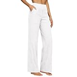 PODOLIXIA Pantaloni lunghi in lino, da donna, estivi, da donna, con elastico, casual, estivi, da donna, leggeri, in tinta unita, per il tempo libero, bianco, XL