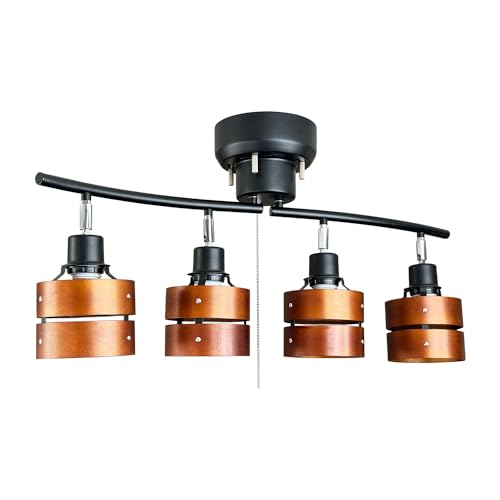 スポットライト 4灯 E26口金 引っ掛けシーリング ウッドシェード 2環 木環 (ダークブラウン&ブラック カーブ支柱, 電球なし)