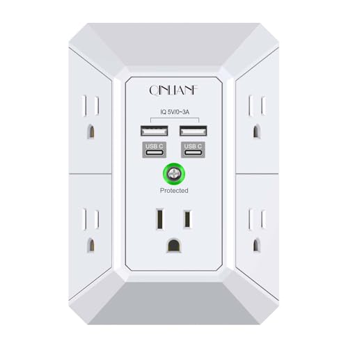USB Wall Charger Surge Protector QINLIANF 5 Outlet Extender with 4 USB Charging Ports(2U2C) 3-Sided 1680J Power Strip Multi Plug Outlets Wall Adapter Spaced for Home Travel Office White
