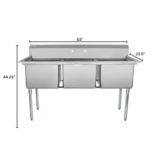 Image of Empura 63 inch Wide Stainless Steel Three Compartment Commercial Sink | Prep Utility 18 x 18 Bowl for Catering Laundry Garage | 3.5 inch Drain Basket, 9.75 inch Backsplash, 63 inchW x 23.5 inchD x 44.25 inchH, 18 Gauge, NSF