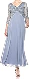 J Kara Women's 3/4 Sleeve V-Neck Beaded Top Long Gown, Dusty Blue/Blue/Silver, 10