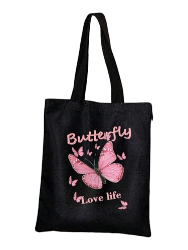 SHENHE Women's Linen Tote Bag Butterfly Patterned Grocery Shopping Travel Reusable Shoulder Bag