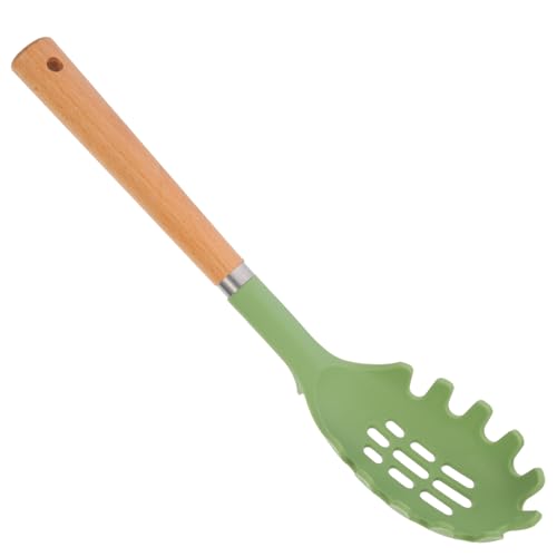 Cabilock Silicone Spaghetti Spoon with Wooden Handle, Non-Stick Pasta Fork, Heat-Resistant Spaghetti Server for Kitchen Use, 13.77 Inch, Green