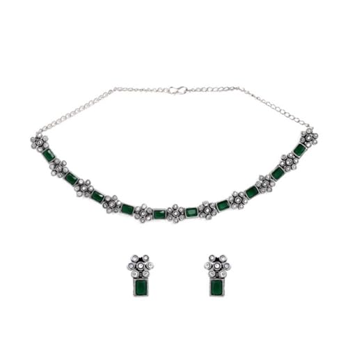 Rubans Oxidised Silver-Plated Handcrafted Emerald Green & Zirconia Stone Studded Floral Necklace Set For Women (B0D6G7LSNL) Amazon Price History, Amazon Price Tracker