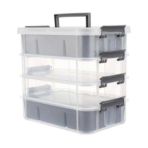 CraftGenes Grey&White Modern Plastic Storage Box - 4-Layer Durable Craft Storage Containers with 2 Removable Trays for Arts & Crafts Supplies Sewing Office Seasonal Decor