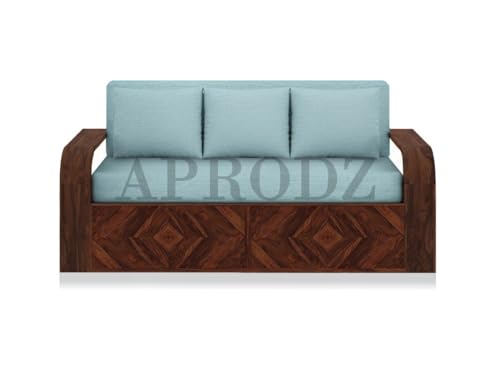 Image of APRODZ Diamond Solid Wood Sofa Cum Bed 3 Seater with Side Storage Velevt Fabric with Two Cushions Perfect Sofa Furniture for Home Living Office Room and Guests (Walnut Finish 75x69x30-Inch)
