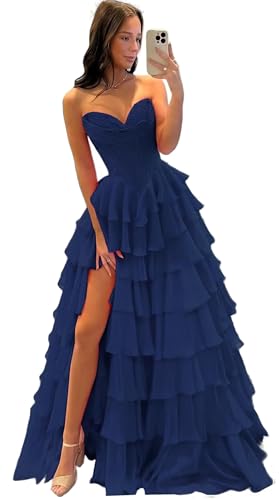 BABYONLINE D.R.E.S.S. Robe de Bal Bustier Col en cœur à Volants en Mousseline Fluide pour Anniversaire Glamour élégant Bleu Marine XS