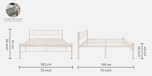 Image of Zyra Metal King Size Bed Without Storage | Wrought Iron Double Bed with Headboard & Footboard | Sturdy Powder Coated Platform Bed King Size Cot for BedroomLivingRoom Ivory (75x72)