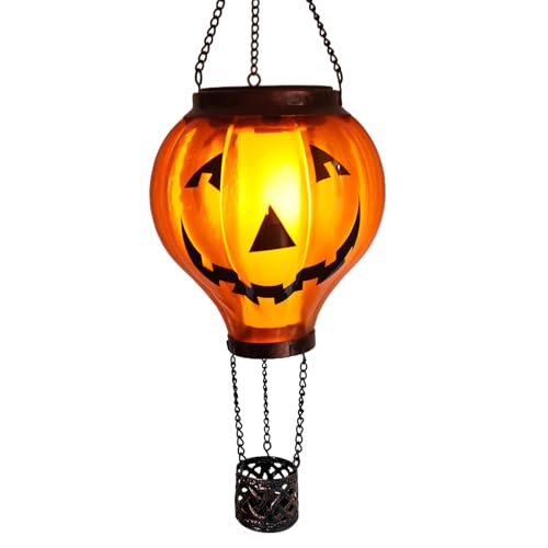 Halloween Outdoor Decorations Hot Air Balloon Solar Lantern with Flickering Flame Hanging Outdoor Lanterns with Pumpkin Jack-O-Lantern Waterproof Decor for Garden Patio Halloween Party(Pumpkin)