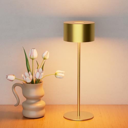Zexwixs Lampada da Tavolo Senza Fili Metallo Dorato, H:25cm Lampada da Comodino Ricaricabile USB-C, 3 Temperature Colore, Lampada da Scrivania IP54 Impermeabile per Ristorante, Camera da Letto, Bar