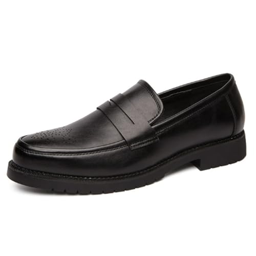 Men's Leather Penny Loafers Retro Round Toe Perforated Block Heels Slip-On Dress Work Shoes Classic Moccasin Casual Business Shoes