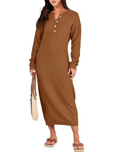 Image of ANRABESS Women Long Sleeve Button V Neck Oversized Casual Loose Fit Waffle Knit Fall Midi Sweater Dress 2026 Trendy Outfits