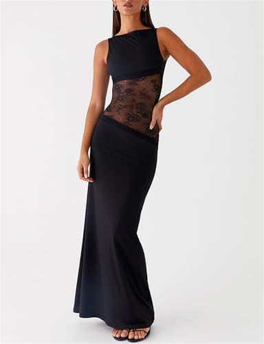 Women Sexy Hollow Out Maxi Dress Sleeveless Backless Lace Pachwork Bodycon Long Dress Y2k Going Out Party4