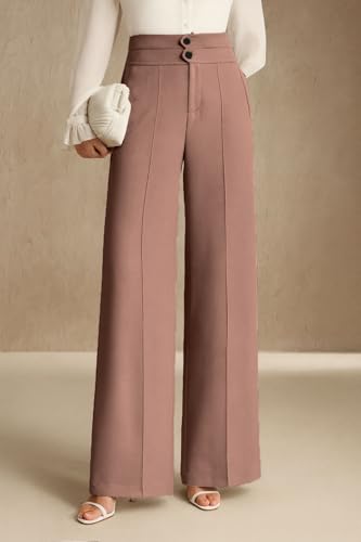 Image of SAKHWALA Women's High Waist Wide Leg Formal Trousers with Double Button Waistband | Office Wear & Casual Wear Pants with Side Pockets - Beige, Grey & Pink