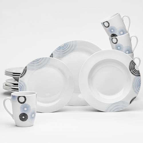 van Well Lima Service de table pour 4 personnes – Service combiné classique 16 pièces en porcelaine blanche – Vaisselle de forme ronde, blanc avec cercles en spirale en bleu et noir