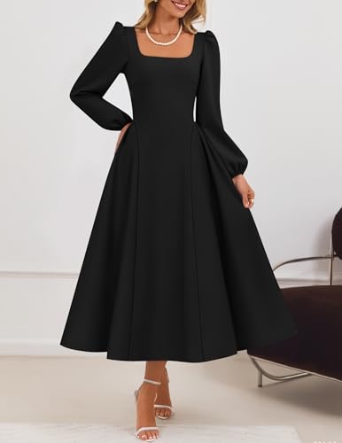 ZESICA Women's Long Sleeve Midi Dresses 2025 Fall Square Neck Hight Wasit A Line Flowy Wedding Cocktail Party Dress4