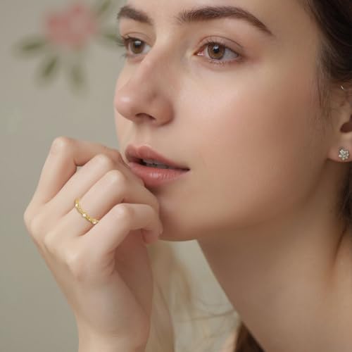 18K Gold Plated Pearl Rings for Women, Dainty Elegant Stackable Cubic Zirconia Thin Band, Promise Ring Wedding Band Jewelry Birthday Gifts for Women Size 5-104