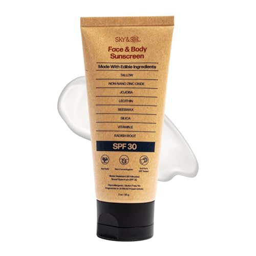 Sky and Sol SKY & SOL Tallow & Zinc Sunblock (3 oz) | Water Resistant 30 SPF Sunscreen with Organic Olive Oil, Beeswax, Shea Butter & More | - Sun Screen Protector for Face and Body
