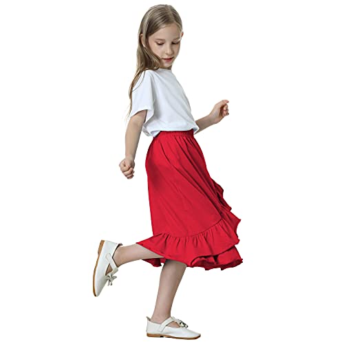 Dotdog Girls' Tiered Ruffle Midi Skirts Soft Cotton Maxi Skirts With Waistband Waist For Girls 3-12 Years (Red, Xs) #TOP2