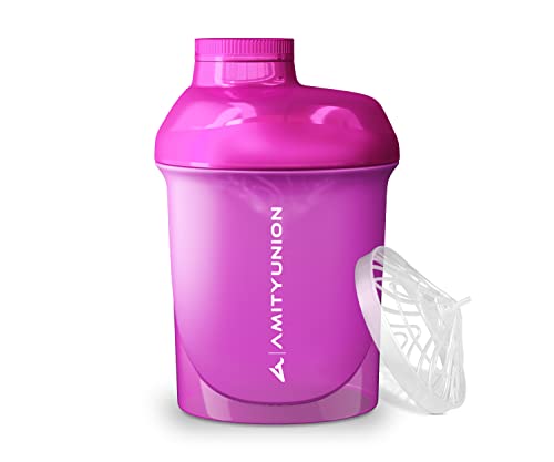 AMITYUNION Frauen Protein Shaker 400 ml Pink Deluxe - ORIGINAL Eiweiß Shaker auslaufsicher - BPA frei mit Sieb, Skala für Cremige Whey Shakes, Gym Fitness Becher für Isolate und Sport Konzentrate