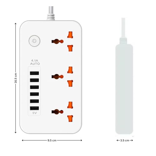 Image of Extension Board, Power Strip with 6 USB Ports and 3 Universal Socket, 2500W 10A Extension Cord, 3-Pin Surge Protector Power Strip for Home, Office, Computer, Mobile Charging (White-Z64)