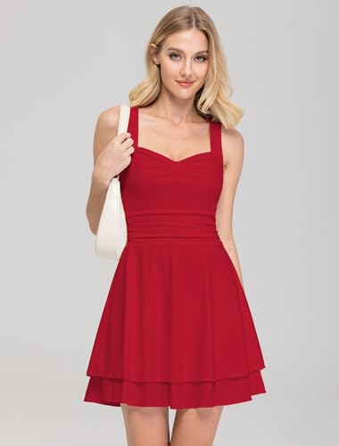 Image of IWD Women's Square Neck Sleeveless Mini Dress Ruched Waist Tiered Ruffle Hem A Line Short Dresses