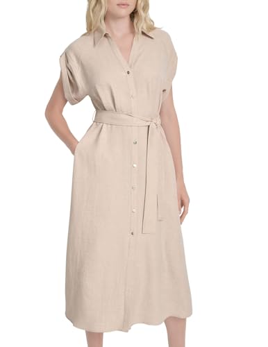 DKNY Women's Short Extended Sleeves Collared Neck Slit Pocket Dress with Removable Belt