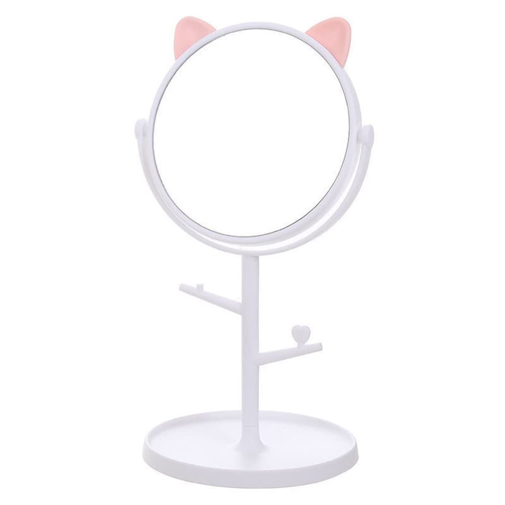 Mockery Plastic Portable Tabletop Makeup Round Mirror Vanity Mirror Cute Cat Ear Shaped Rotating Cosmetic Mirror For Home Bathroom Desktop Cosmetic Mirror For Women (Mintcream White)