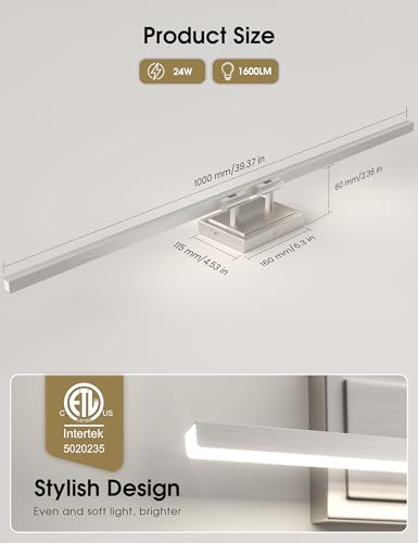 Image of VOLISUN Modern Bathroom Vanity Light 39.4 inch, Rotatable, 24W Dimmable 5CCT Led Bathroom Light Fixture Over Mirror, Brushed Nickel Bar Vanity Light for Bathroom Mirror Cabinets-ETL Certificated