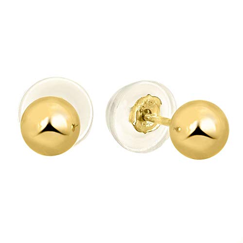 14k Real Yellow Gold Stud Ball Earrings, Silicone Covered Gold Pushbacks - 5 mm