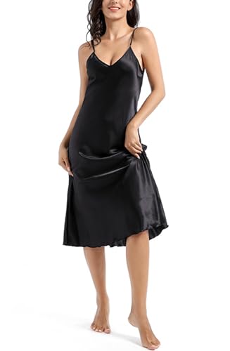 Image of ALCEA ROSEA Women's Midi Satin Slip Dress Adjustable Spaghetti Strap Nightgown Silky Under Dresses