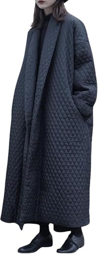 Chaqueta cortavientos larga y cálida a cuadros de diamantes de invierno para mujer abrigo largo acolchado chaqueta acolchada informal de manga larga con cremallera (Negro,XL)