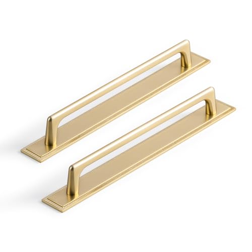 Goo-Ki Champgne Bronze Cabinet Pulls with Classic Grooved Edge Square Backplate- 2 Pack 7.6''(192MM) Hole Centers Zinc Alloy Drawer Handle