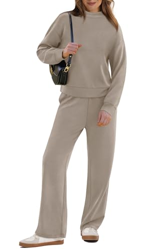 Image of WIHOLL Two Piece Sets for Women Fall Outfits Lounge Sets Mock Neck Tops Wide Leg Pants Vacation Travel Airport Outfits