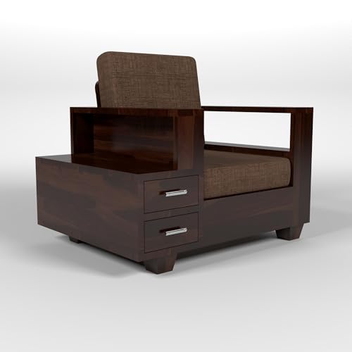 Image of Solid Sheesham Wood Single Seater Sofa with Drawer Storage - Elegant Wooden Sofa | Single Person Sofa Set for Your Living Room (Design 3)