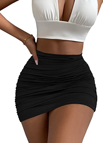 Image of Afibi Women's Stretch High Waist Ruched Bodycon Double Layer Casual Mini Skirt