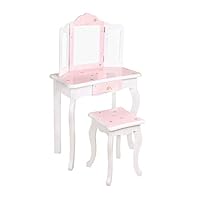 Girls Dressing Table With Mirror and Stool, Childrens White/ Pink Star Prints Wooden Kids Vanity Table with Crystal Knobs Childs Dressing Table Set for a Kid, Children Aged (6-13) (Pink / White)