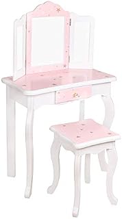 HYGRAD® Girls Dressing Table With Mirror and Stool, Childrens White/ Pink Star Prints Wooden Kids Vanity Table with Crystal Knobs Childs Dressing Table Set for a Kid, Children Aged (6-13)