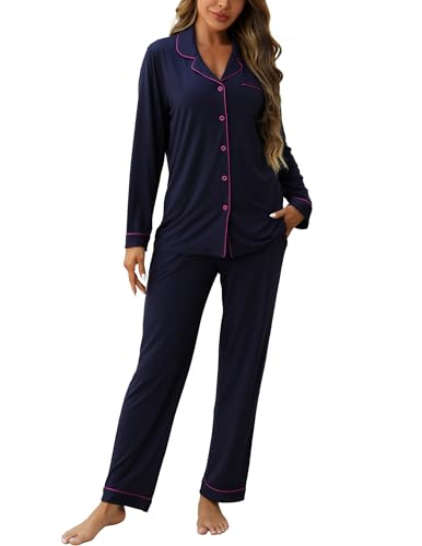 Image of ZMJ Button Down Pajama Set Long Sleeve Shirt and Pajama Pants Navy Blue XL