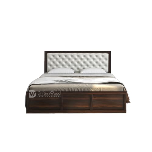 Image of DRIFTINGWOOD Dolvi Sheesham Wood King Size Bed with Storage | Wooden Double Bed Cot Bed with Box Storage & White Rexine Upholstered Cushioned Headboard for Bedroom | Walnut Finish